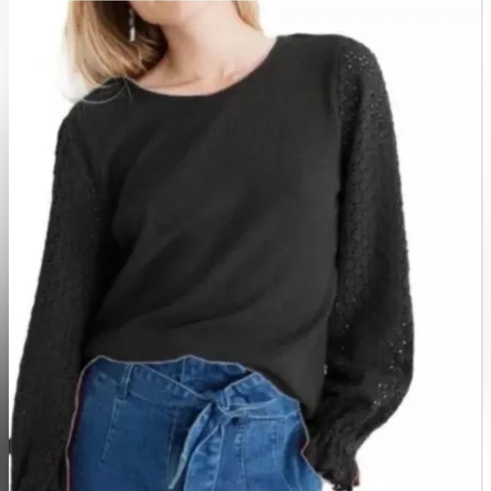 Madewell black eyelet knit balloon sleeve textured long sleeve blouse small